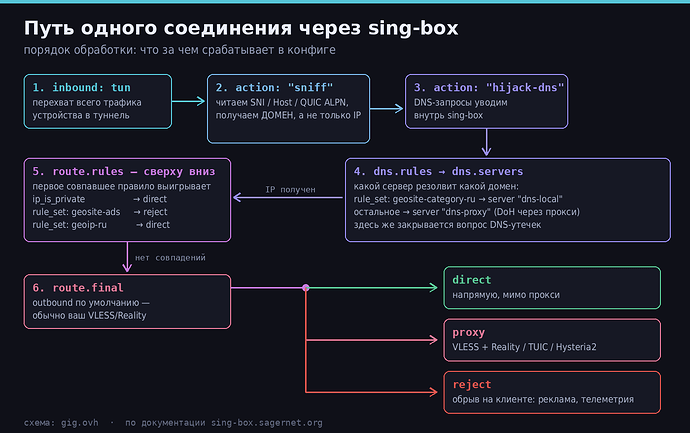 Путь одного соединения через sing-box