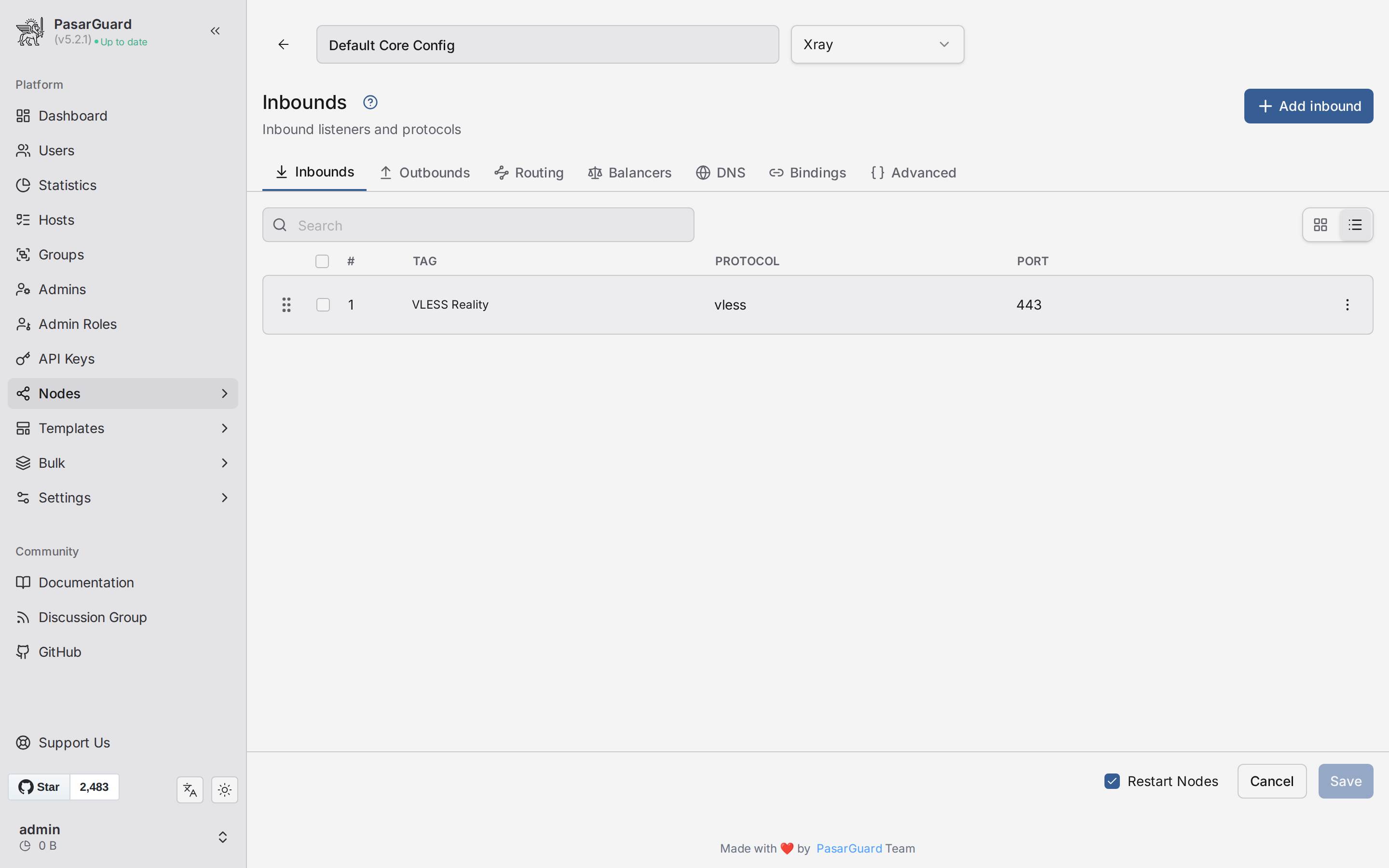 Core Config: инбаунд VLESS Reality на порту 443