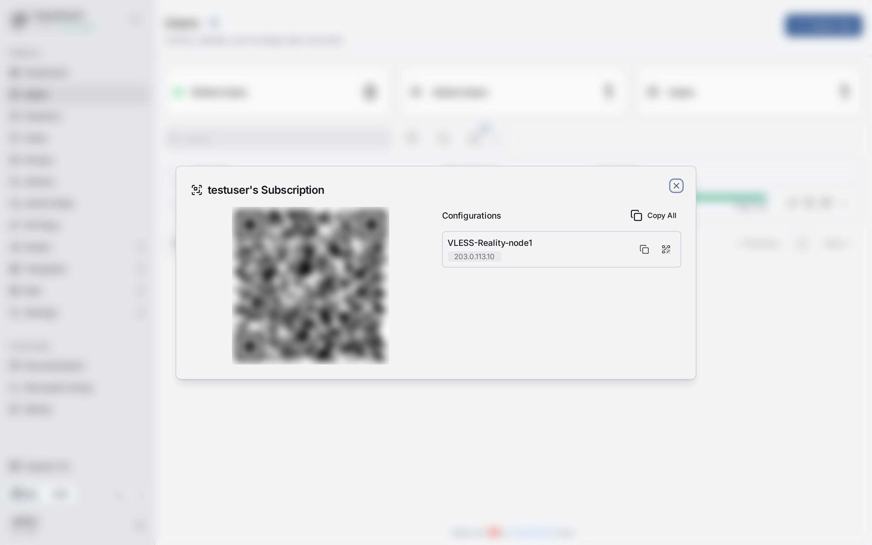 Страница подписки: QR и конфигурация VLESS Reality