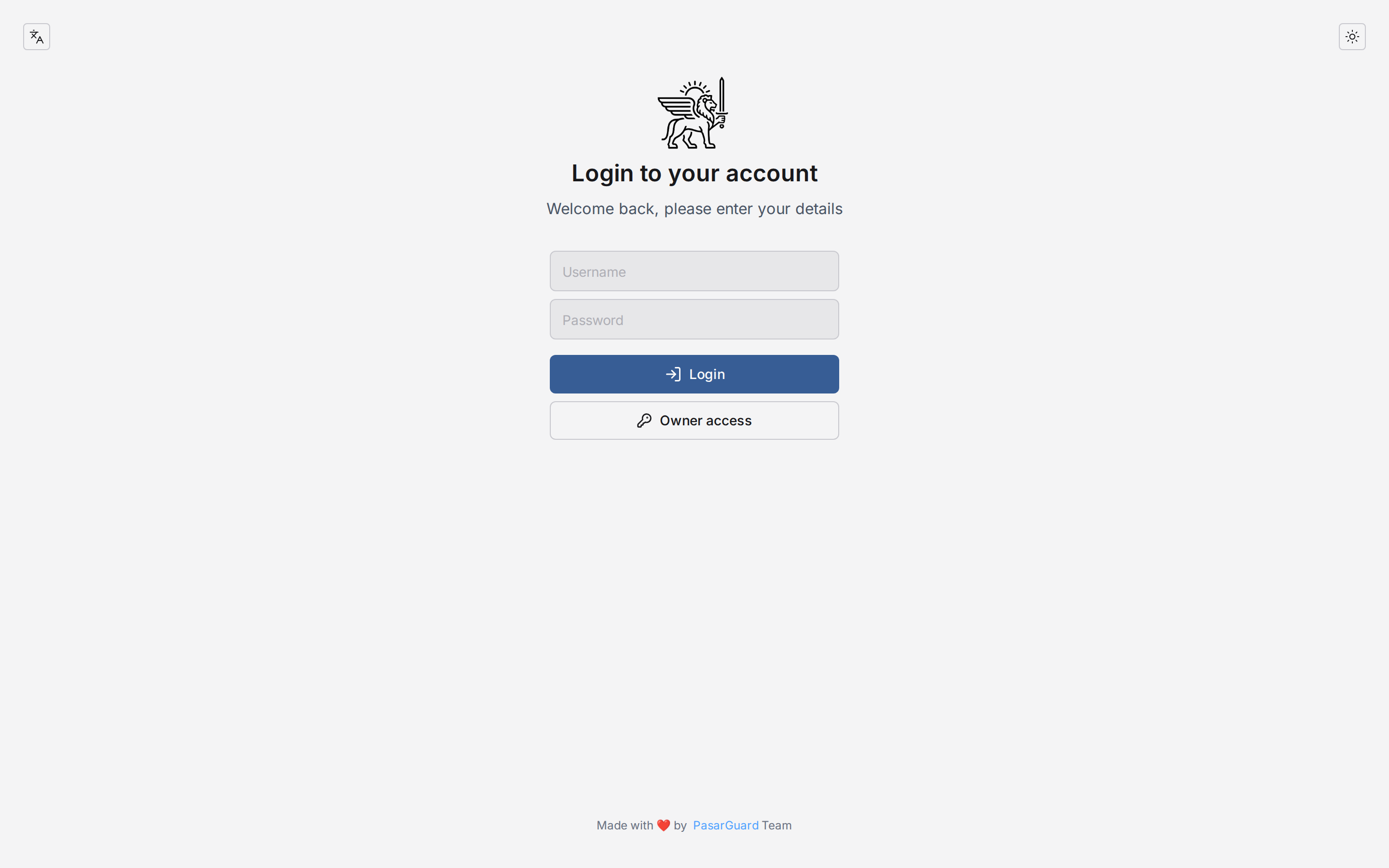 Экран логина PasarGuard, кнопка Owner access