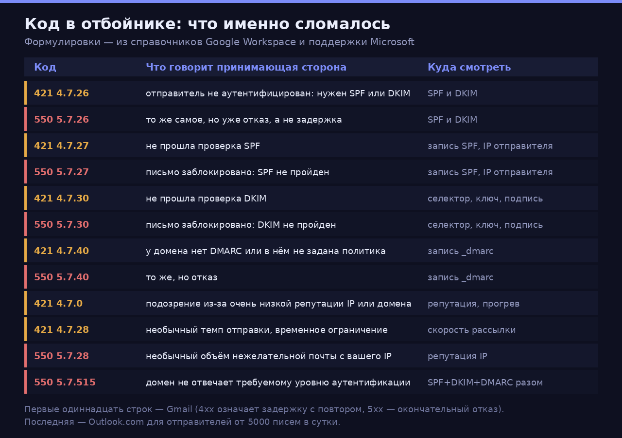 Формулировки — из справочника Google Workspace по ошибкам SMTP и из поддержки Microsoft